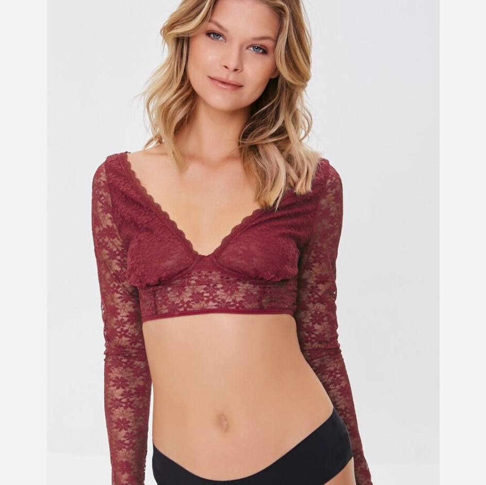 Red sheer lace crop top sexy barbie core forever21